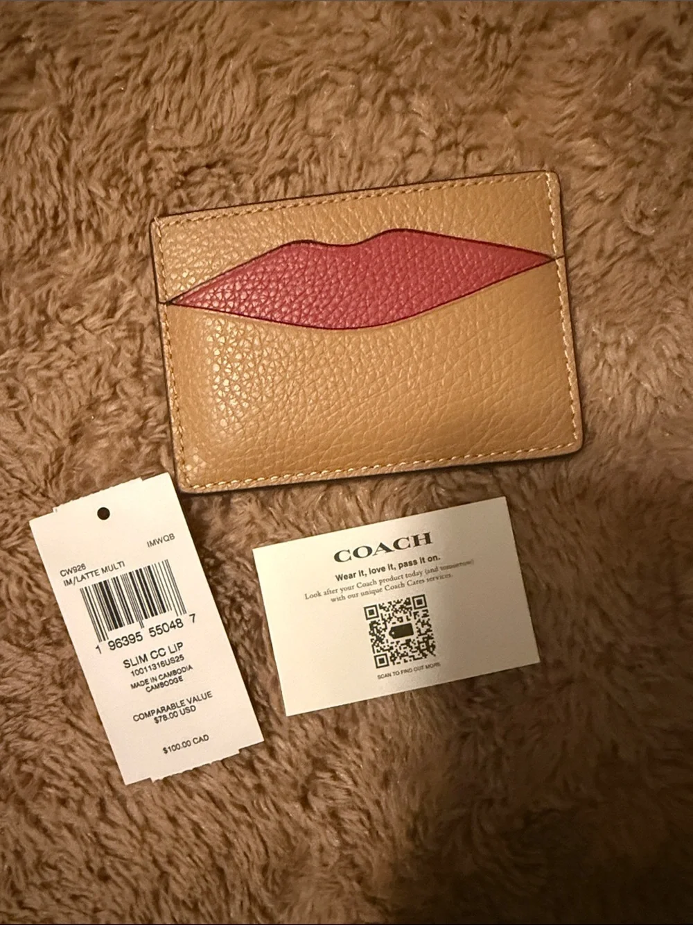 Coach Beige Leather Card Case with Pink Lip Detail